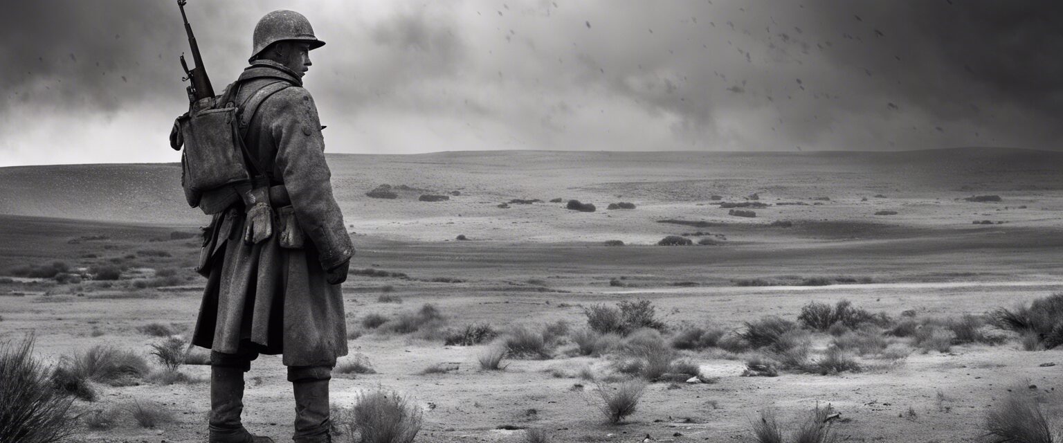 Ricardo Arispe. Soy la Guerra: El Retrato de una Lucha Solitaria Descripcion: Un soldado de pie en un campo de batalla desolado, su rostro duro y desgastado refleja el implacable rostro de la guerra. La desolación detrás de él sirve como un desgarrador recordatorio de su afirmación: Yo soy la guerra.